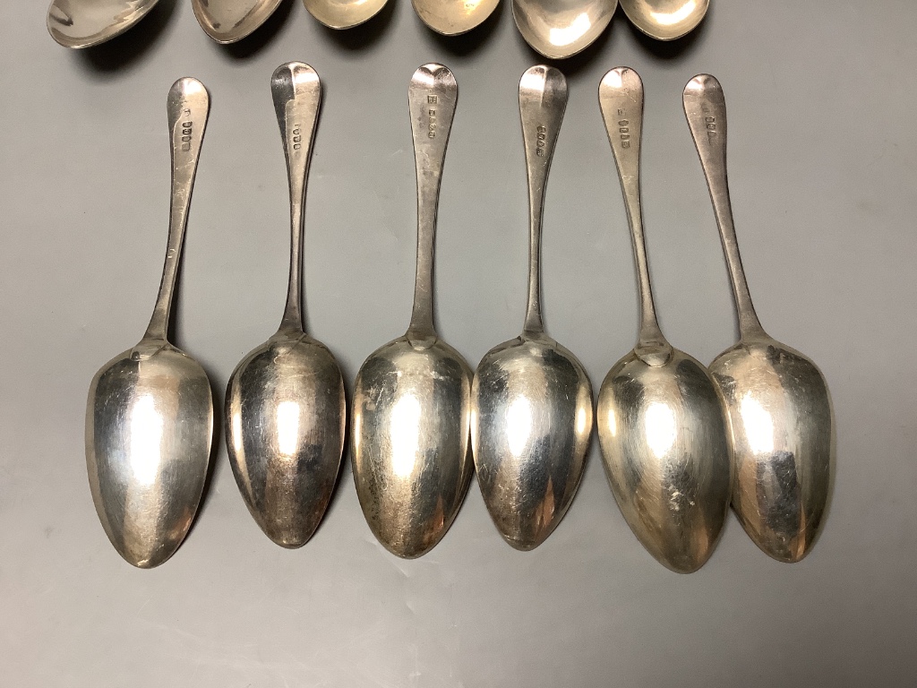 Twelve assorted George III silver Old English pattern tablespoons, including a set of five by Peter & Ann Bateman, London, 1796